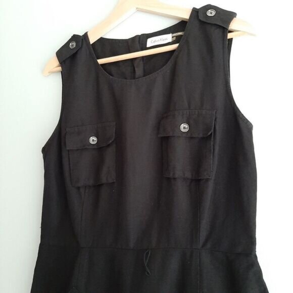 CALVIN KLEIN / Linen Blend w/ Pockets Knee Length Dress Black Sz 12 - Picture 5 of 12